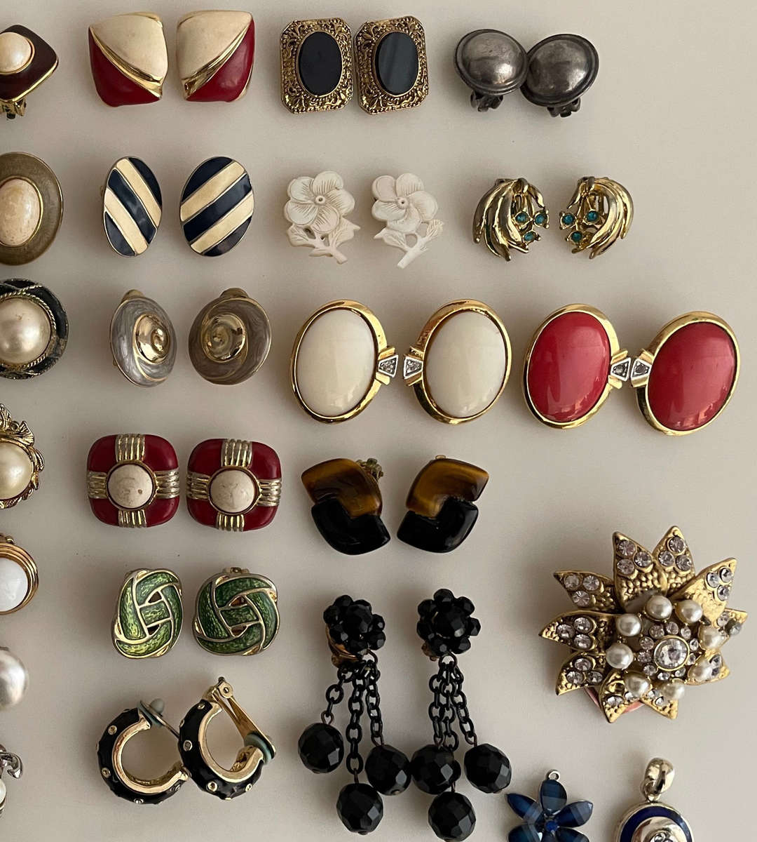 Reduced - Vintage Costume Jewelry Lot  64 Pairs Earrings + Pendants & Scarf Clip  Clip-ons, Studs