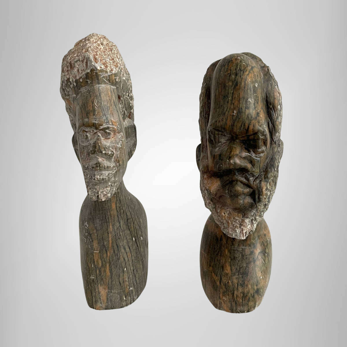 Set of 2 Vintage African Soapstone Busts  Hand-Carved Figures  11.5 to 12 cm  Aged Patina