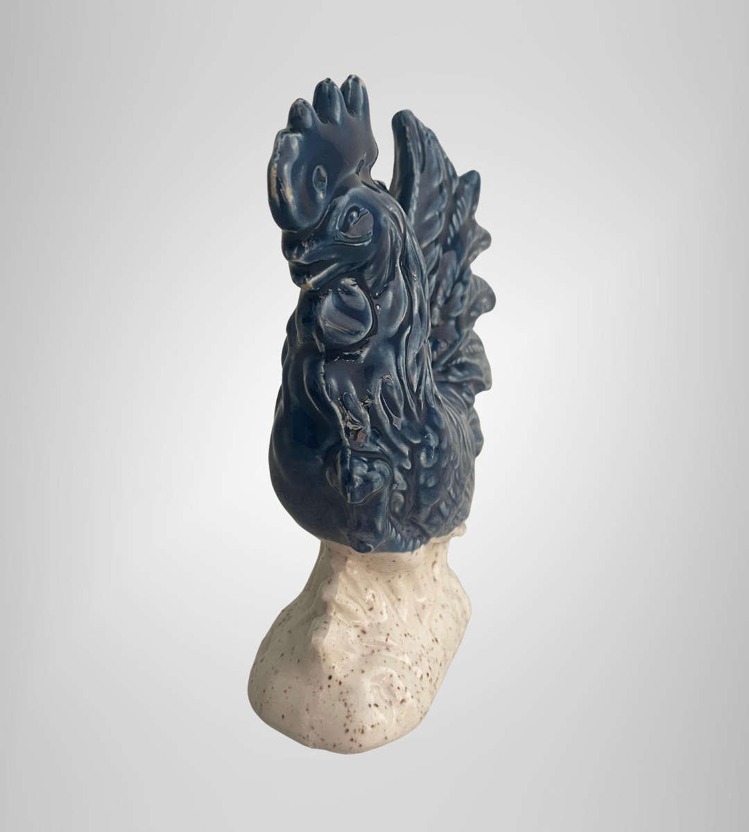 Vintage 1960s Blue & White Ceramic Rooster Ornament  15cm High