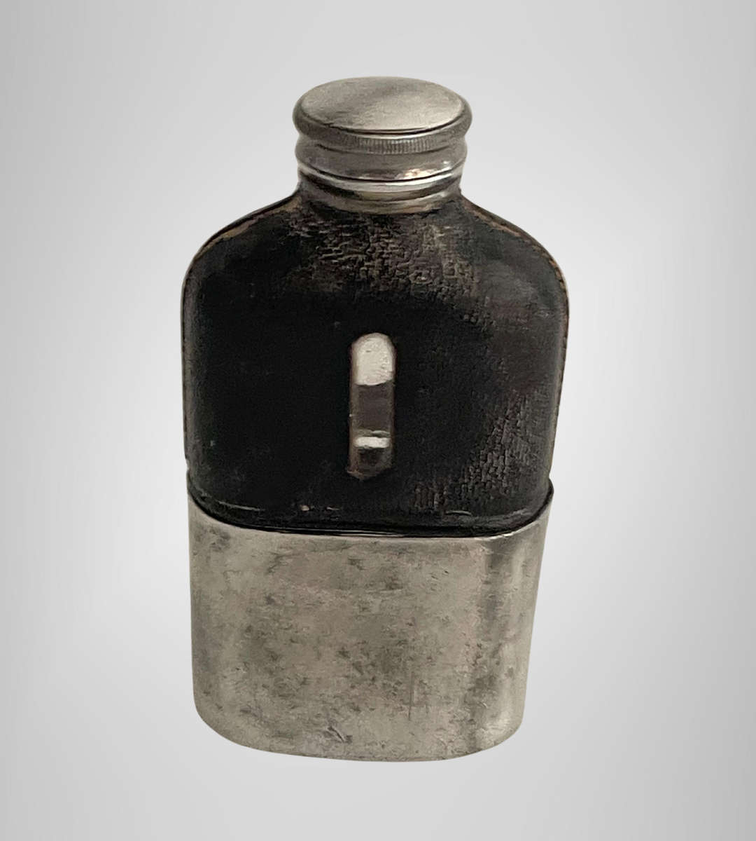 Vintage James Dixon & Sons Leather & Pewter Hip Flask  ½ Pint  Sheffield England  Trumpet Banner