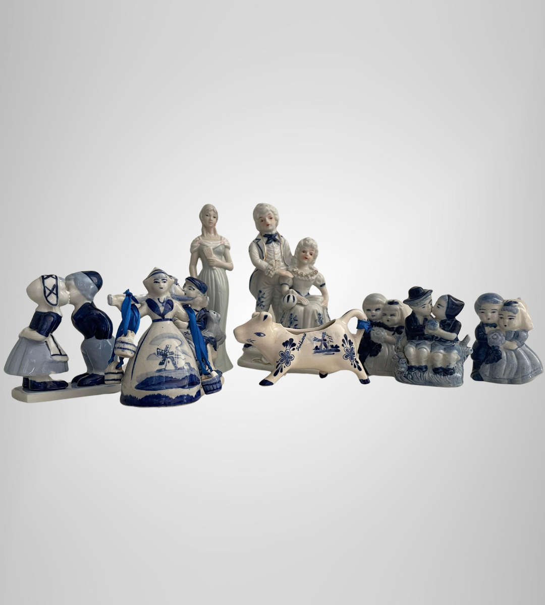 Lot of 9 Vintage Blue & White Porcelain Figurines  Delftware, Holland Style, Victorian, Japan  Mix