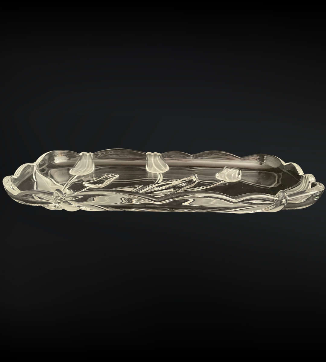 Original Walther Glass Nadine Satin Serving Tray - Frosted Tulip & Leaf Design, 375mm, with Box