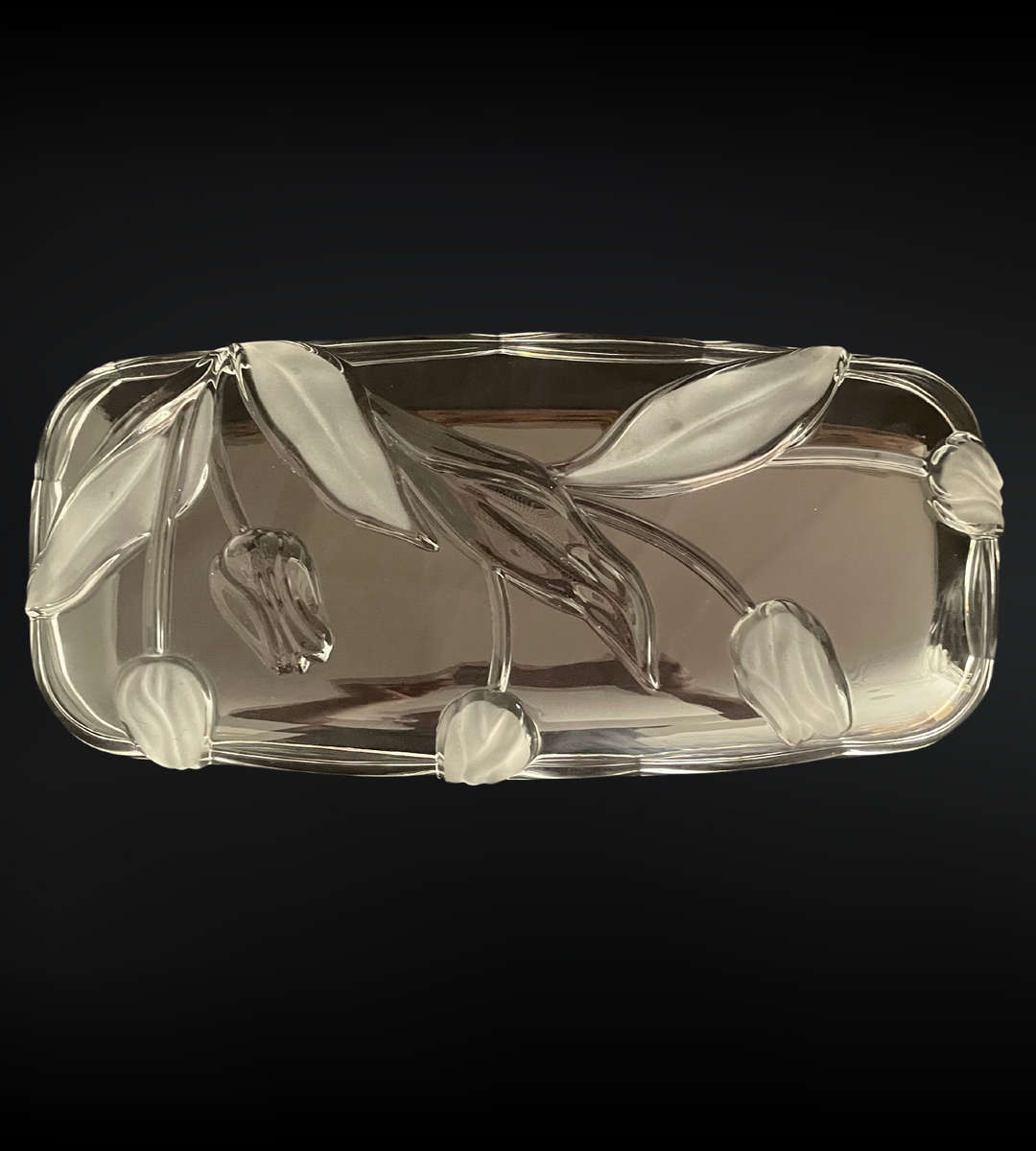 Original Walther Glass Nadine Satin Serving Tray - Frosted Tulip & Leaf Design, 375mm, with Box