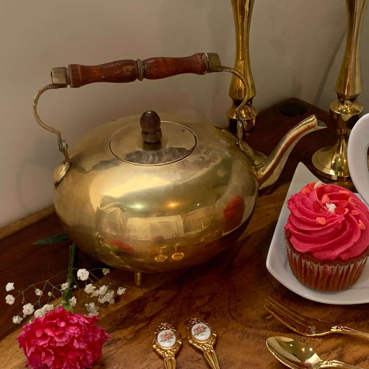 Antique Dutch Brass Toddy Kettle with Swiveling Wooden Handle