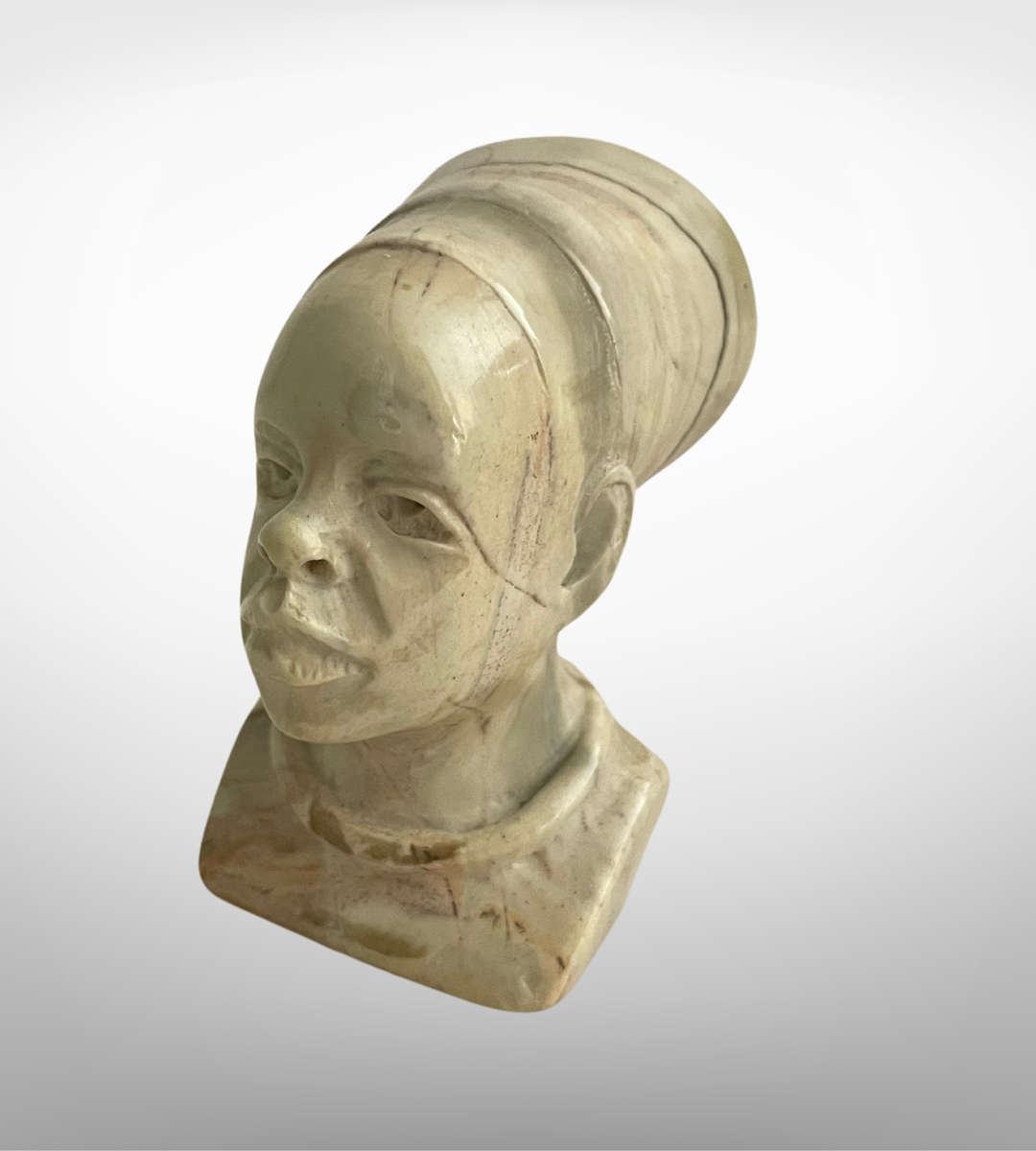 Small 8cm Hand-Carved Shona Bust  African Tribal Ethnic Lady in Natural Green Stone