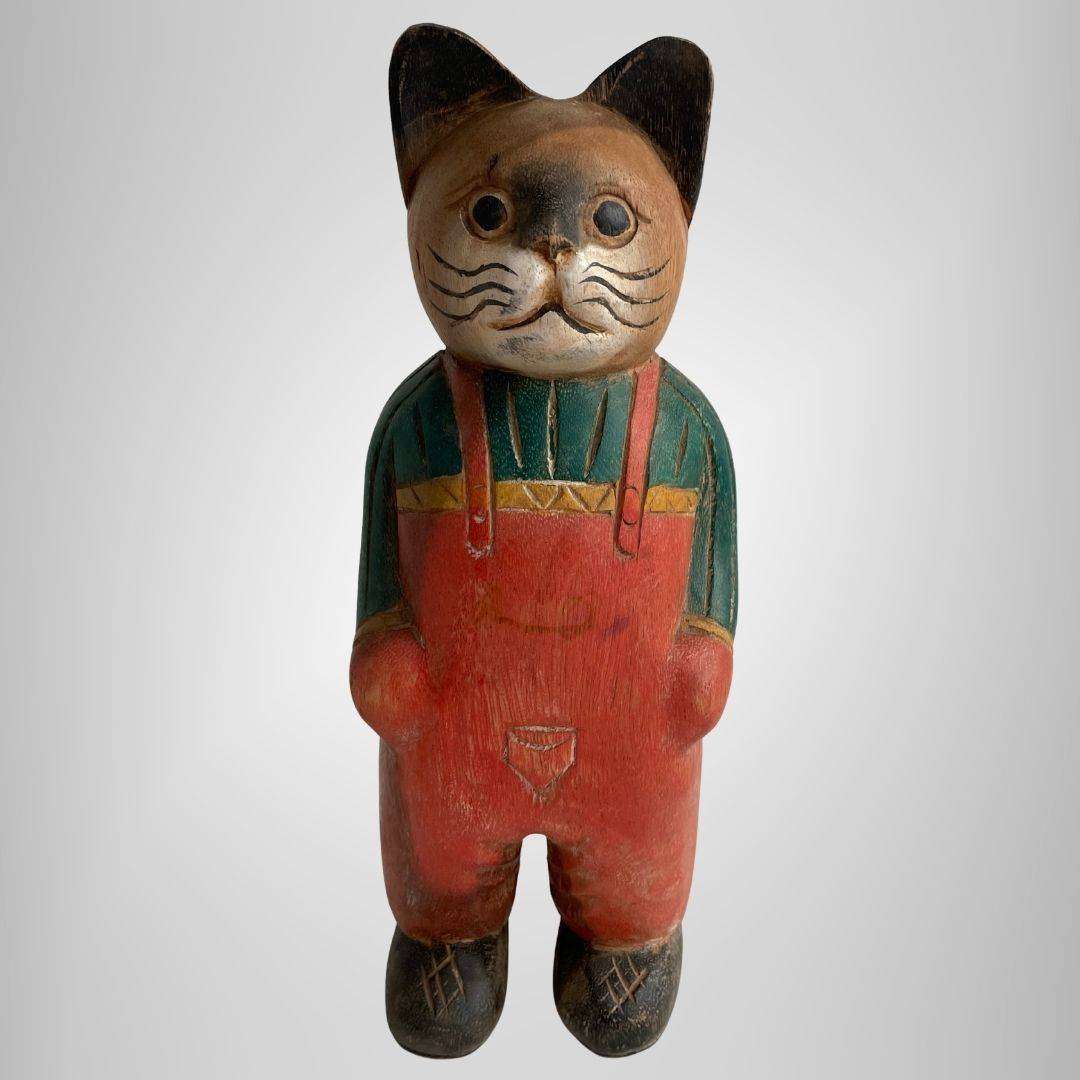 Vintage Hand Carved Wooden Cat Figurine Large 31.5cm