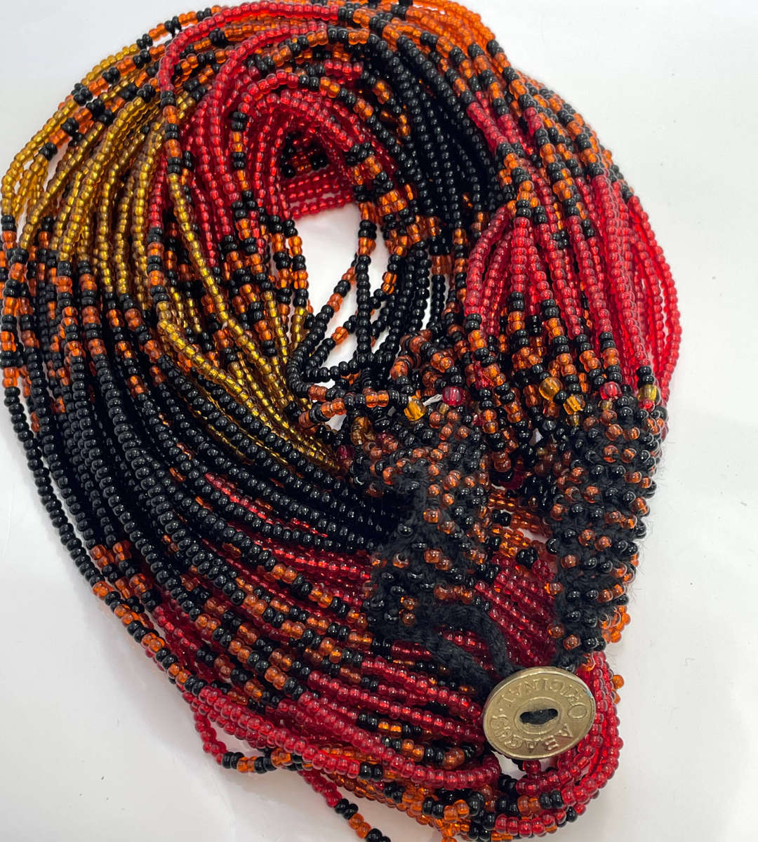 Original Abacus Necklace  32 Strands  Black, Red, Orange & Golden Amber Beads  39cm