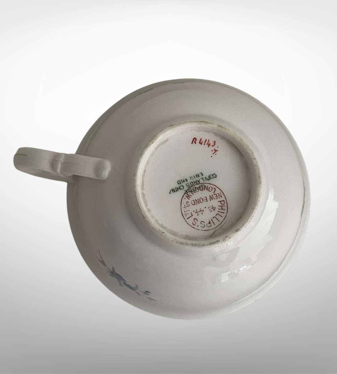 Antique Spode Copelands Tea Cup & Saucer  Ditsy Florals, Green Rim, Phillips Ltd Mark (1908-1929)