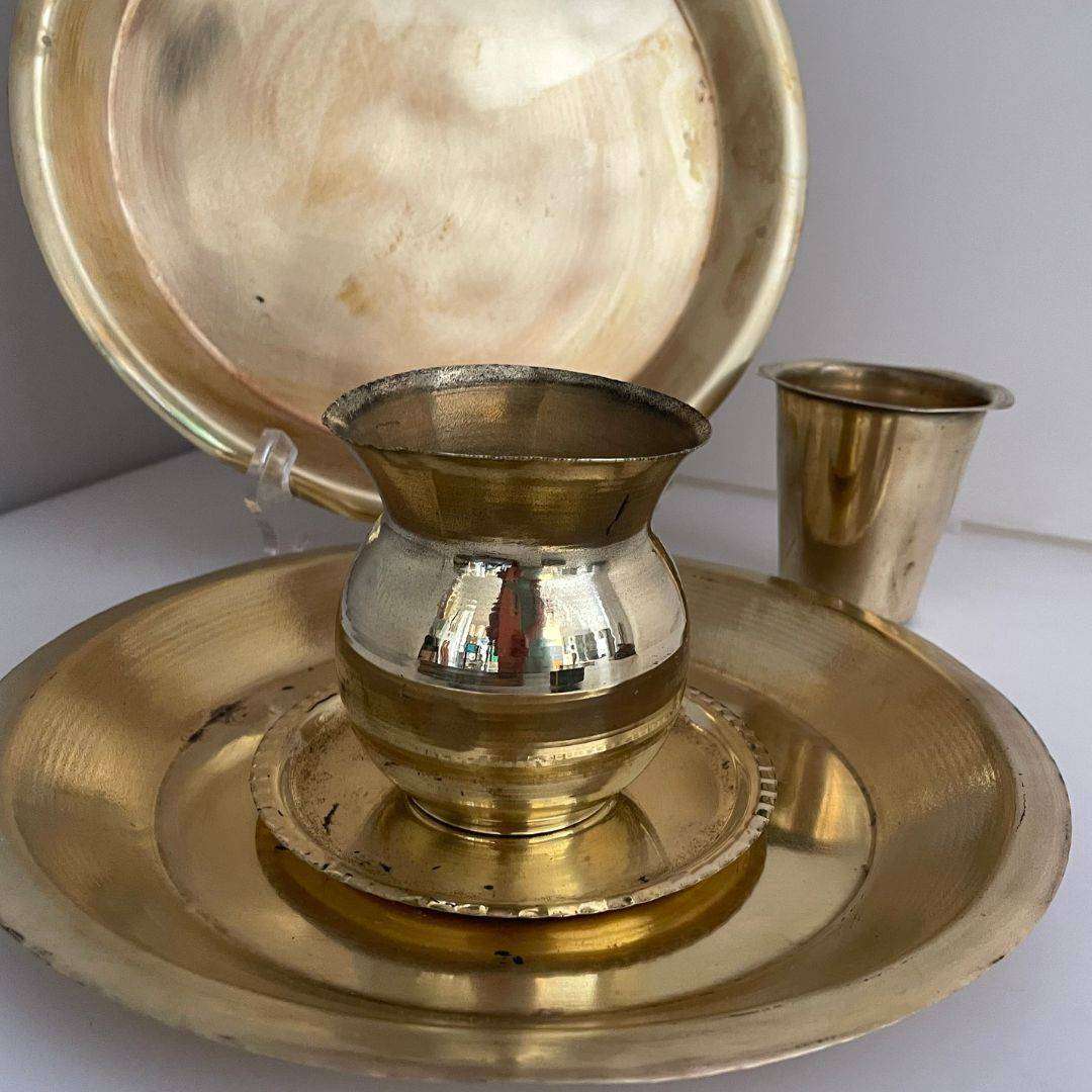 Vintage Brass Set  2 Trays, Small Vase & Cup, 25.4cm Tray, Sold As-Is