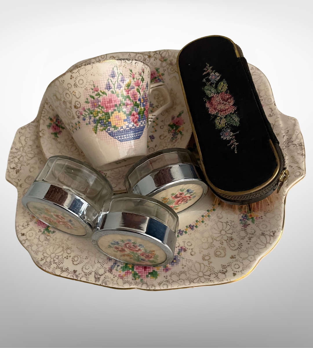 8-Piece Vintage Petit Point & Cross-Stitch Vanity Décor Set with H&K Tunstall Cup & Saucer