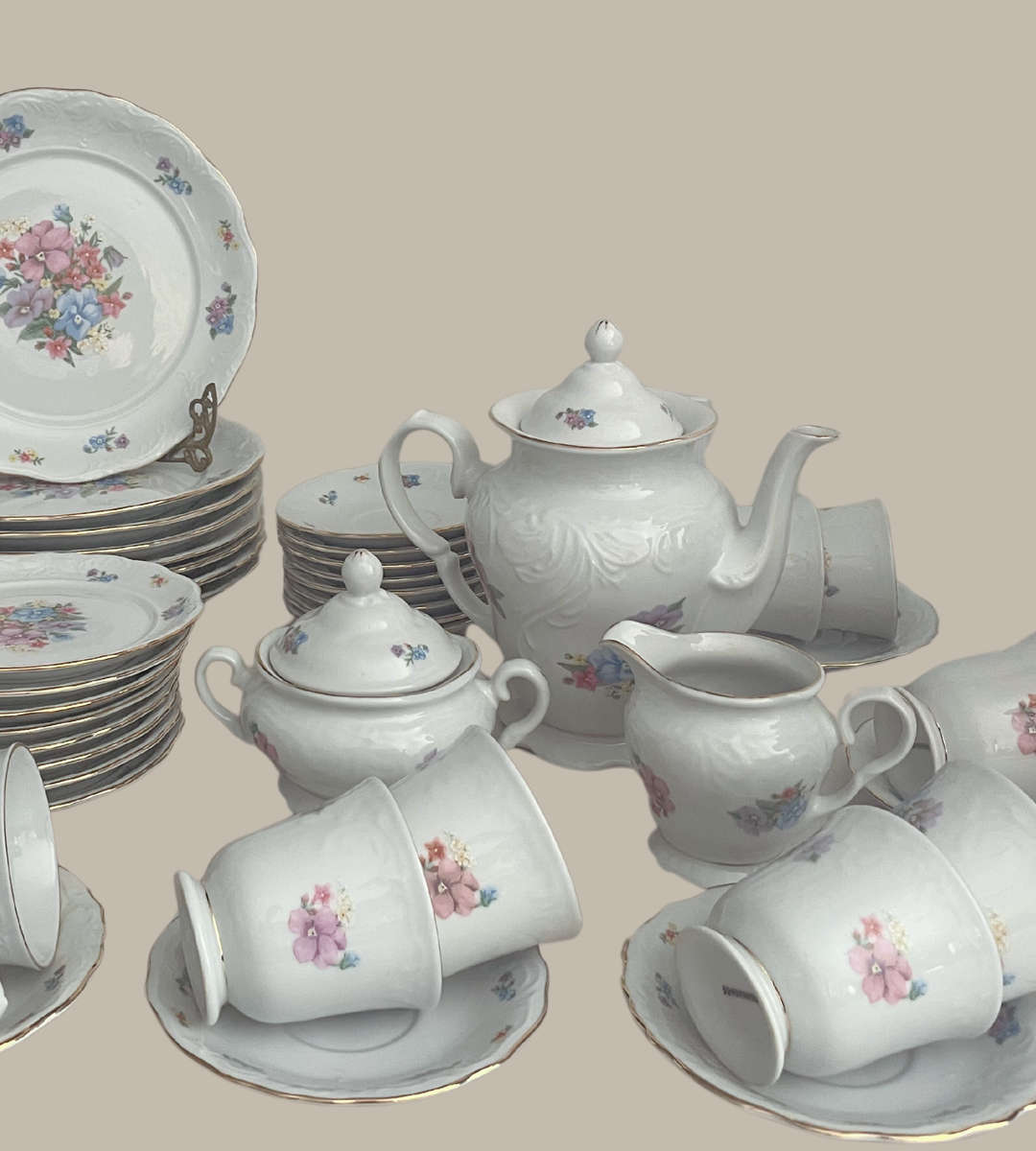 Vintage 55-Piece Fine China Dinner Set  - Gold-Trimmed Cottage Chic Floral Design - Discounted!