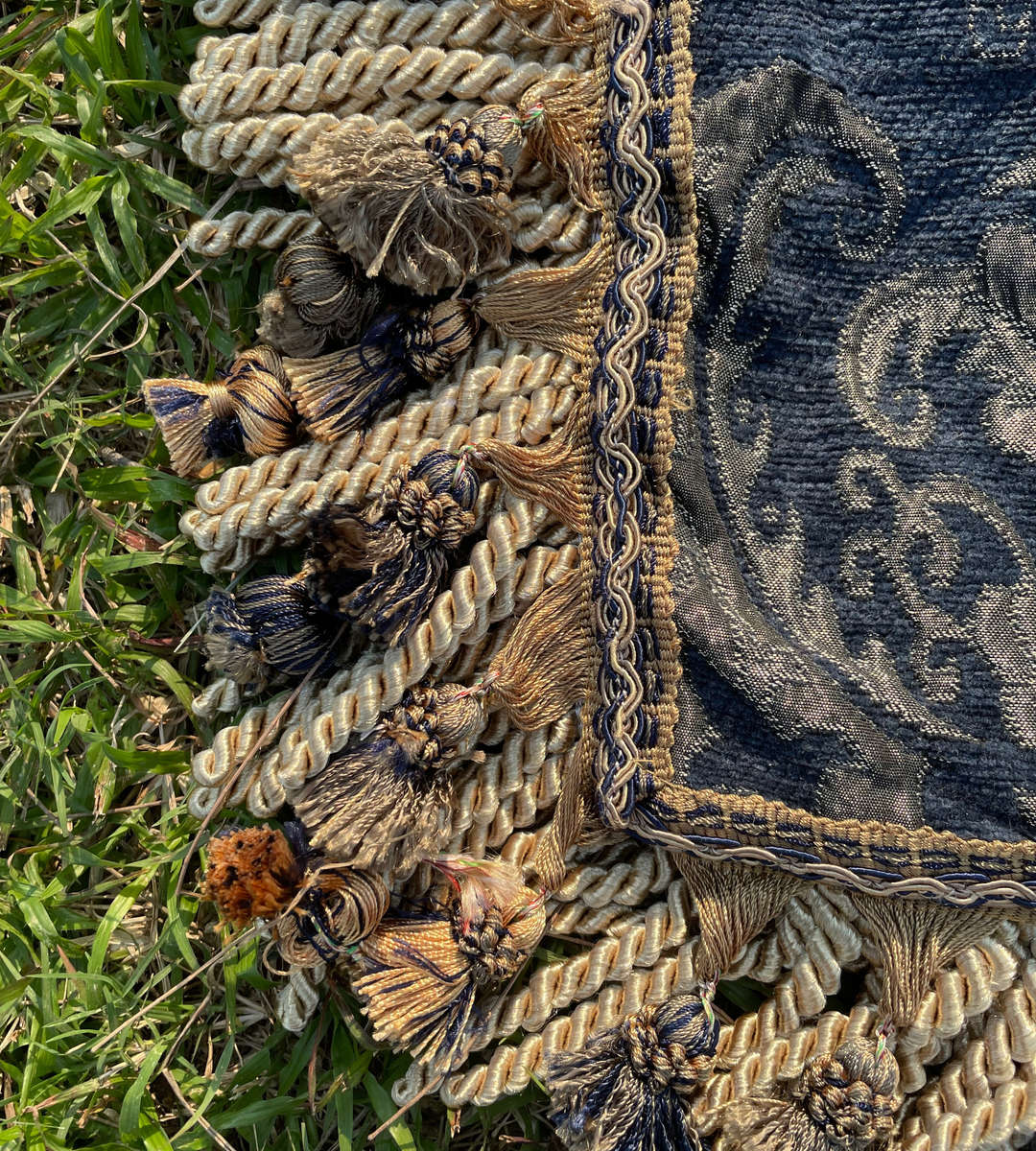 Heavy Traditional Indigo and Gold Upholstered Fabric with Velvet Suede Back and Double Rows of Tasse