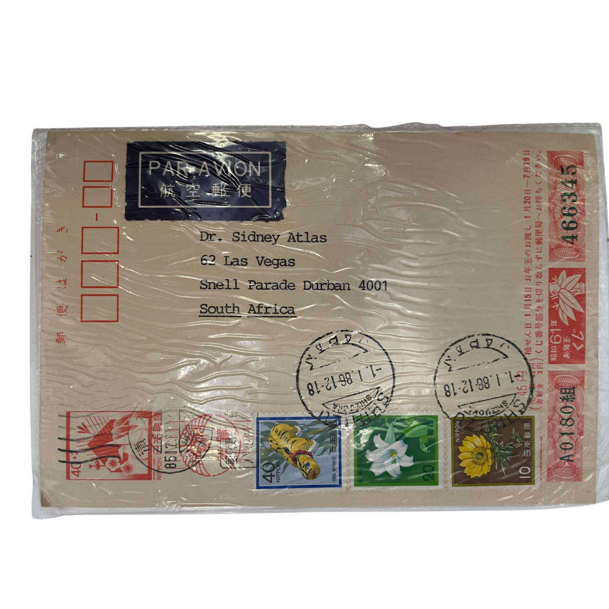 2 Japanese Postcards (1985) to South Africa  New Year Greeting & Durban Riot Reference  With Stamp