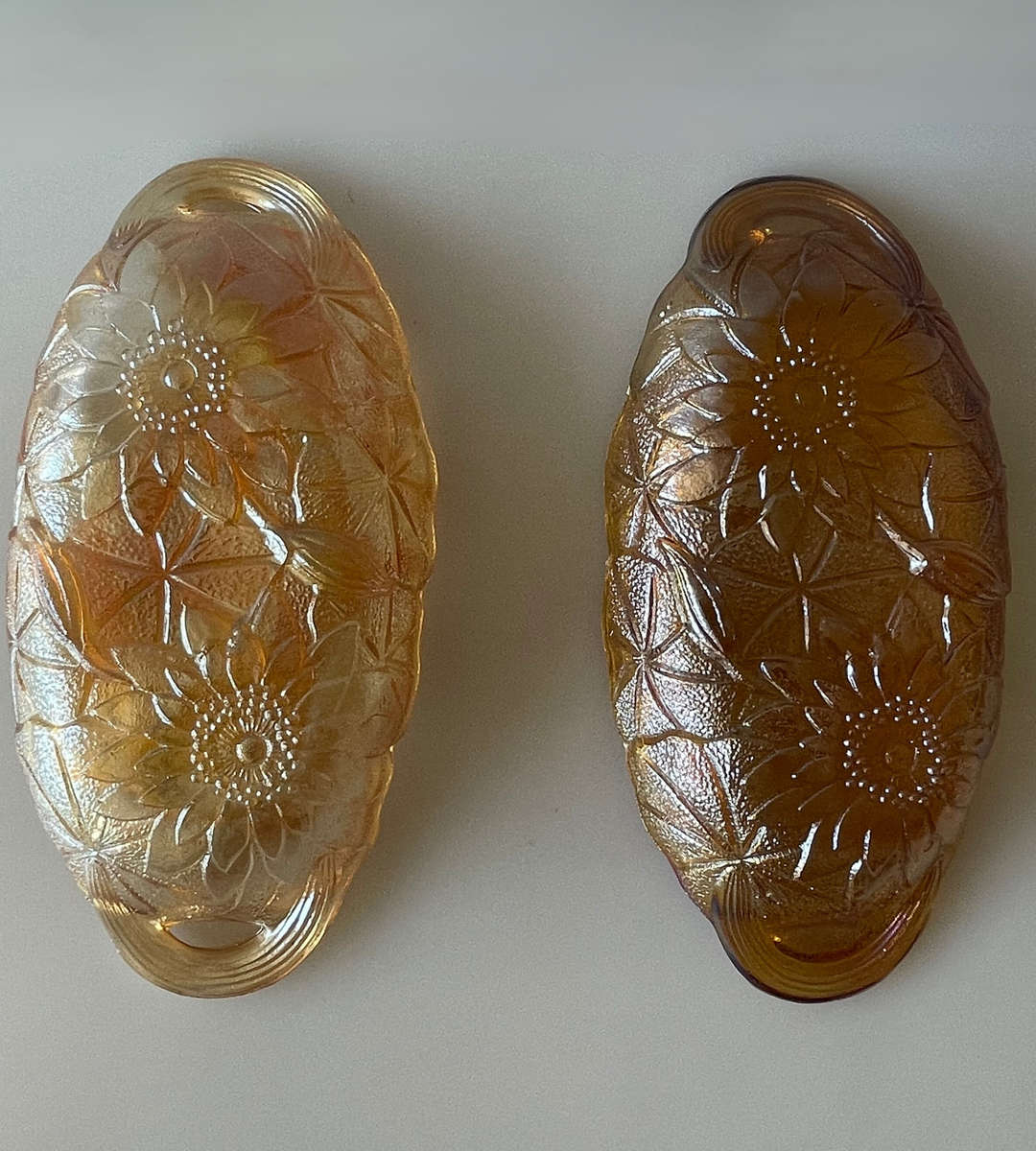 Set of 2 Iridescent Marigold Carnival Glass Relish Dish  Indiana Glass, Oval Sunflower Design