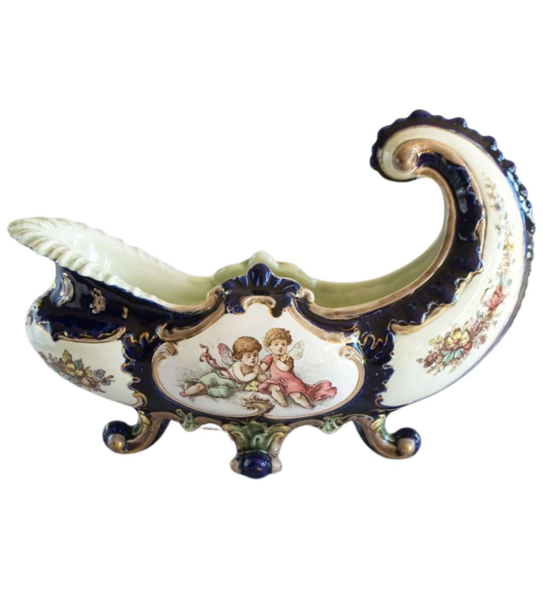 Reduced ! Rococo Majolica Jardiniere c.1934  Cobalt Blue & Turquoise Glaze, Cherubs & Swags Design