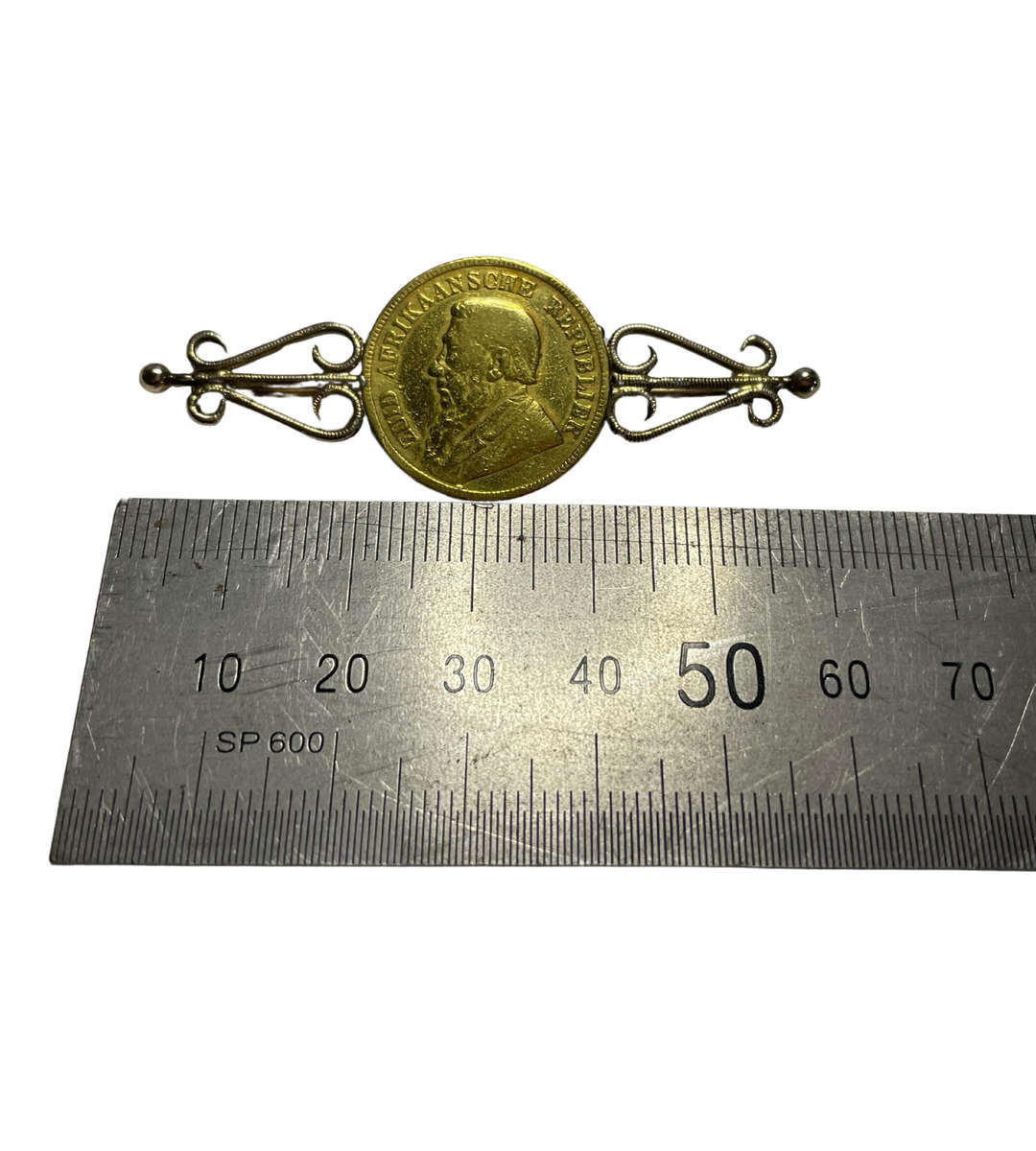 1895 South African Republic Paul Kruger 1 Pond Gold Coin Brooch  22ct Coin, 9ct Brooch  10.7g