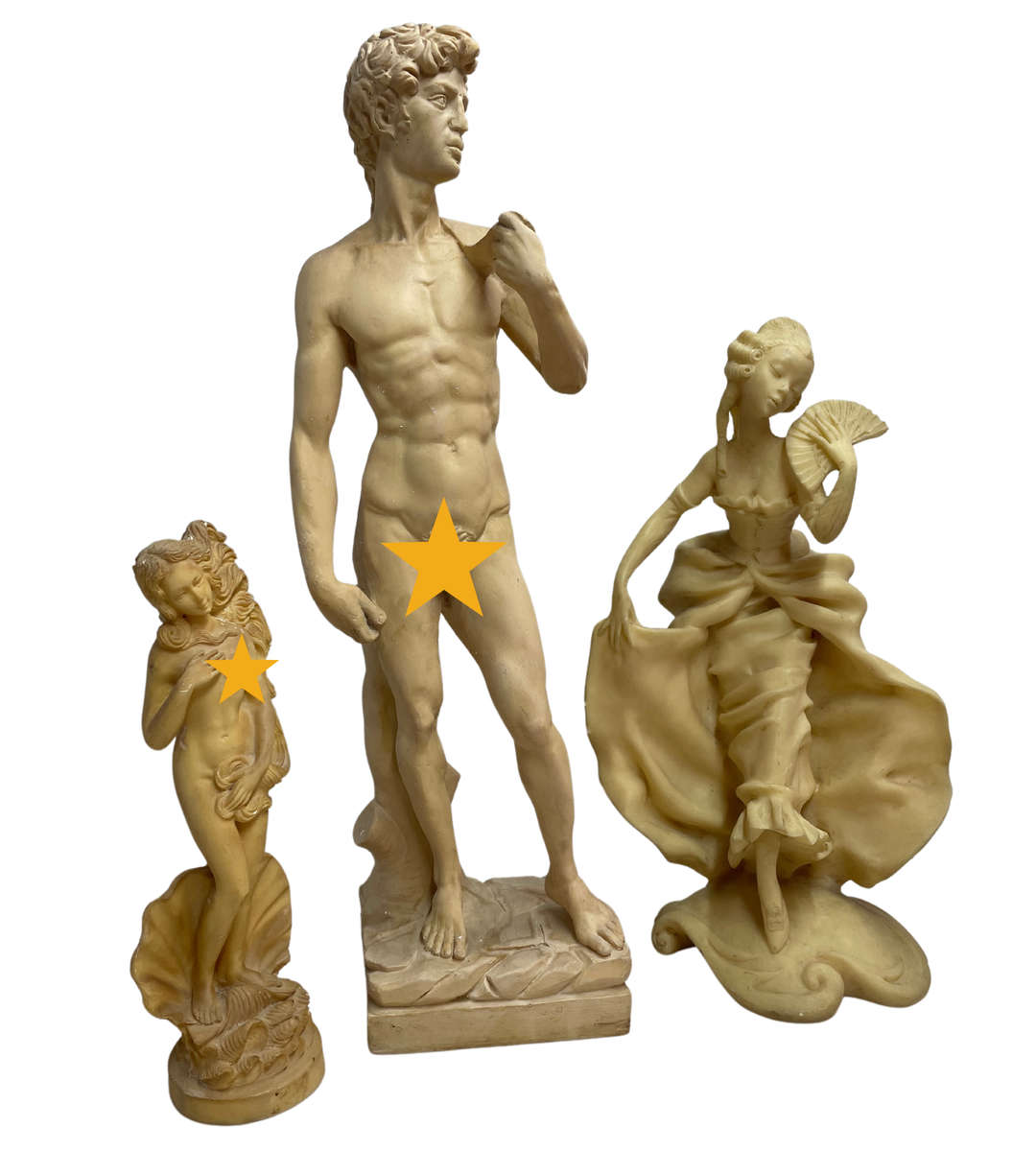 3pc Vintage Resin Sculpture Collection  Michelangelos David, Nude Goddess, and Rare Oriental Okimono