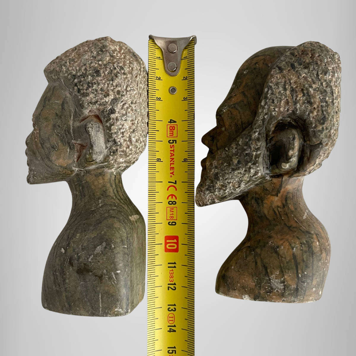 Set of 2 Vintage African Soapstone Busts  Hand-Carved Figures  11.5 to 12 cm  Aged Patina