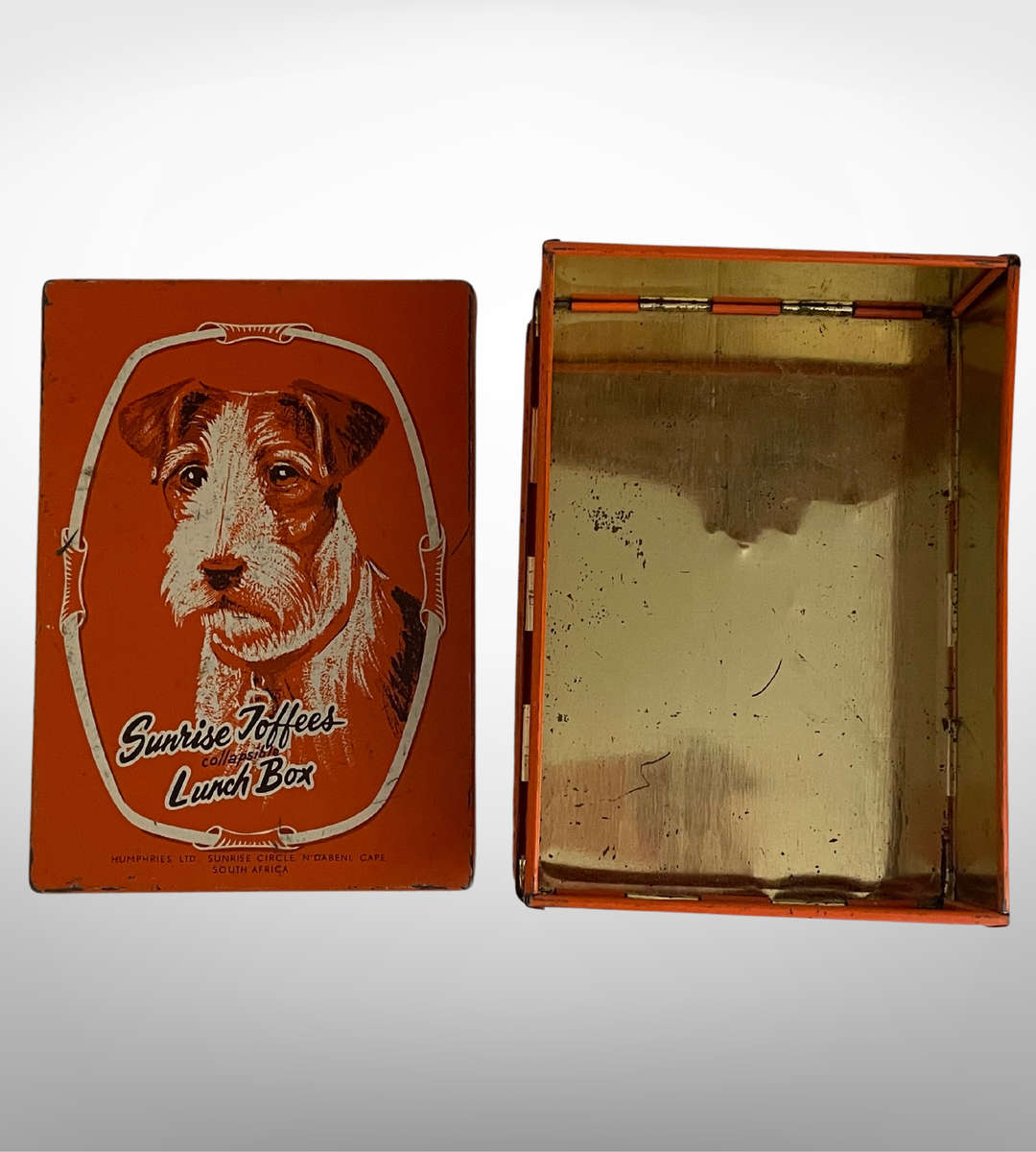 Super Rare Vintage Fox Terrier Sunrise Toffee Collapsible Tin Lunch Box Tin - 1940's