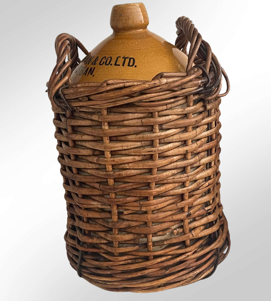 Reduced - Rare 50cm Govancroft Stoneware Bottle in Wicker Basket - M. Vaughan & Co. Ltd, Durban