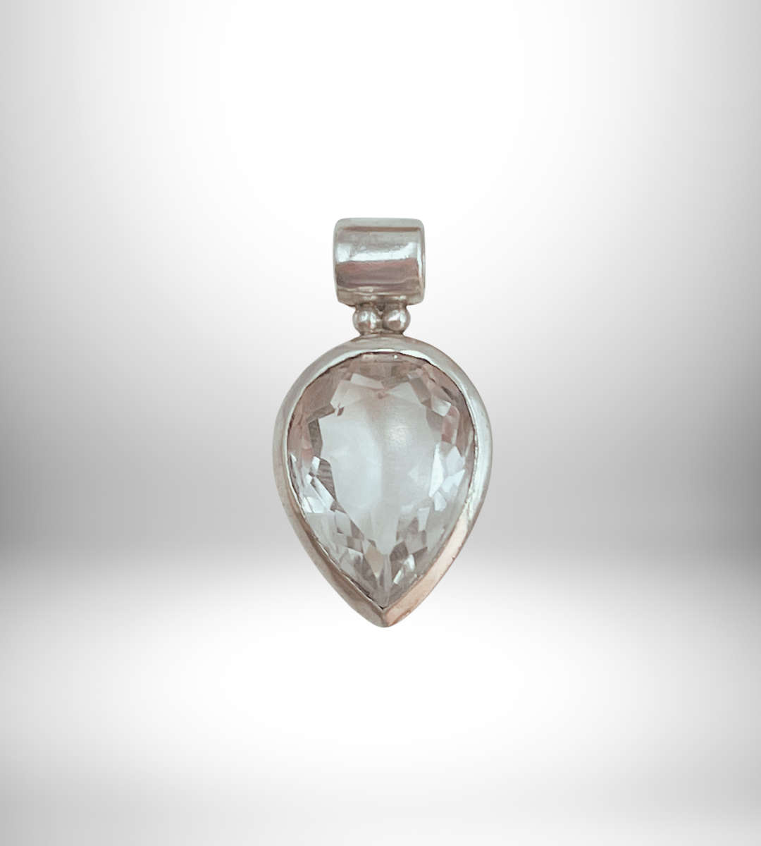 925 Sterling Silver Large Faceted Clear Quartz Teardrop Pendant - Soft Blue Hue - Great Condition