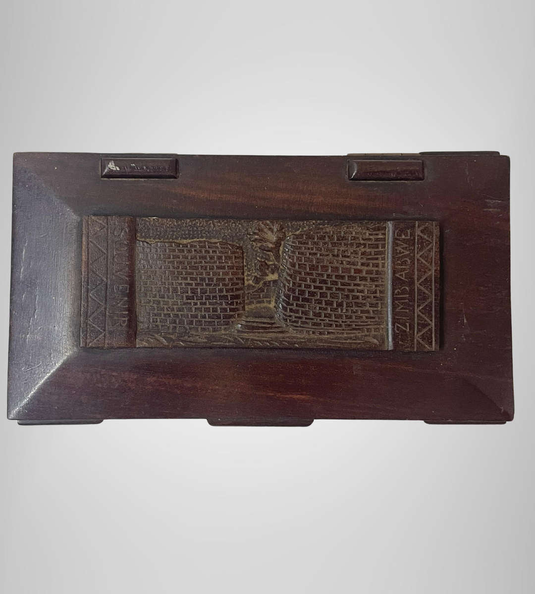 Vintage Zimbabwe Wooden Souvenir Jewelry Box  Carved Great Zimbabwe Walls & Tree, 18cm