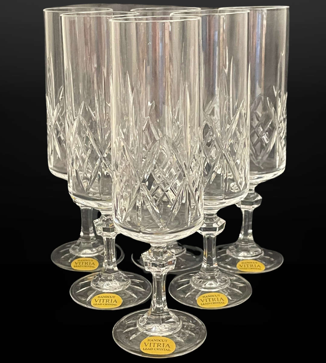 Set of 6 Vintage Vitria Handcut Lead Crystal Champagne Flutes  Elegant 17cm High Glasses