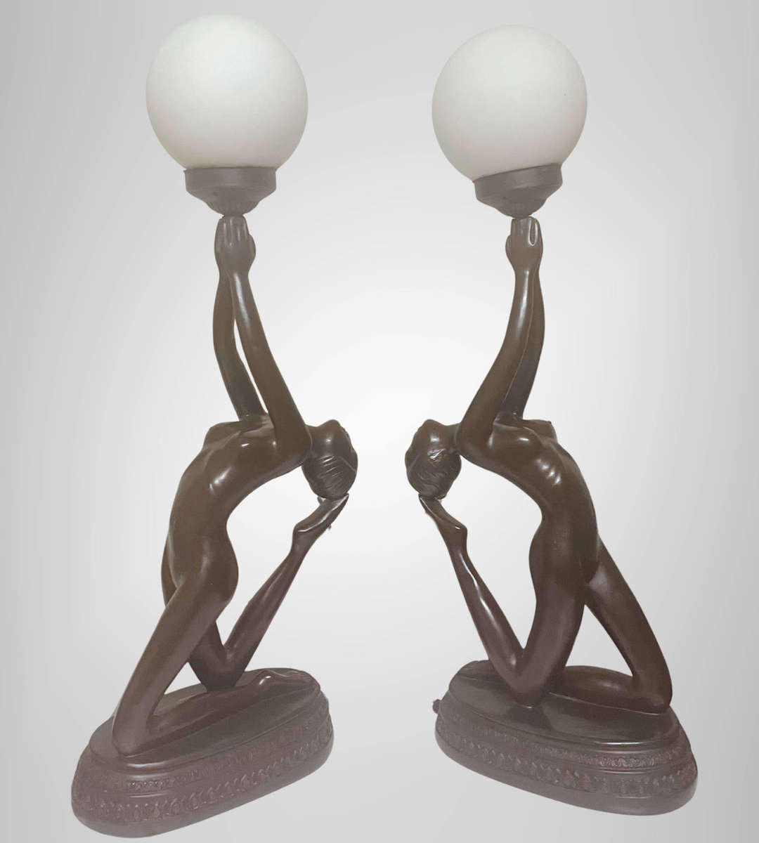Rare 1970s Large Art Deco Style Nude Table Lamps  Matching Pair  75cm  Frosted Glass Shades