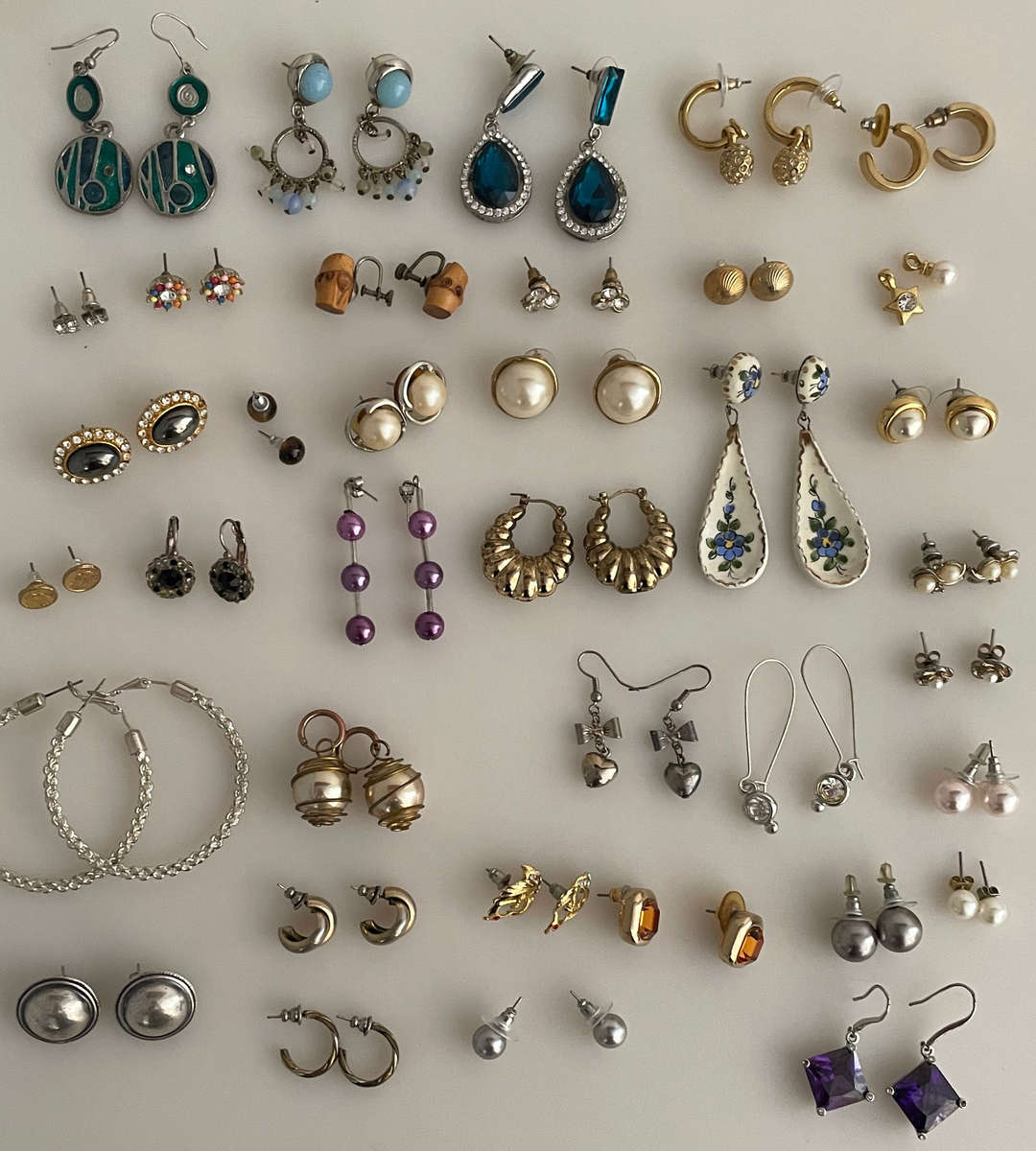 Reduced - Vintage Costume Jewelry Lot  64 Pairs Earrings + Pendants & Scarf Clip  Clip-ons, Studs