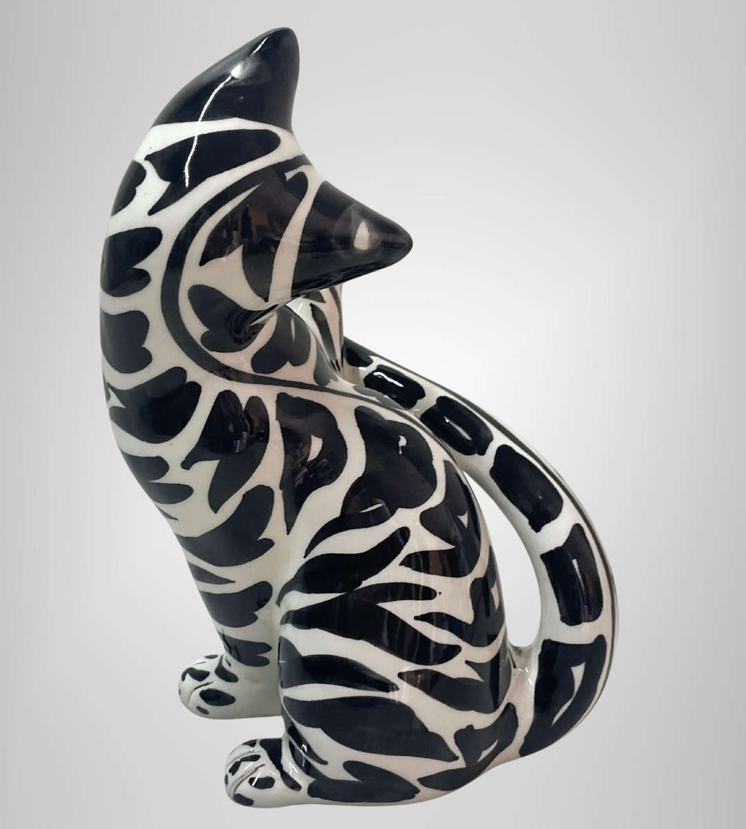 Vintage Italian Pottery Black & White Tabby Cat Figurine  Hand Painted  20.5cm  Marked Italy 5/53