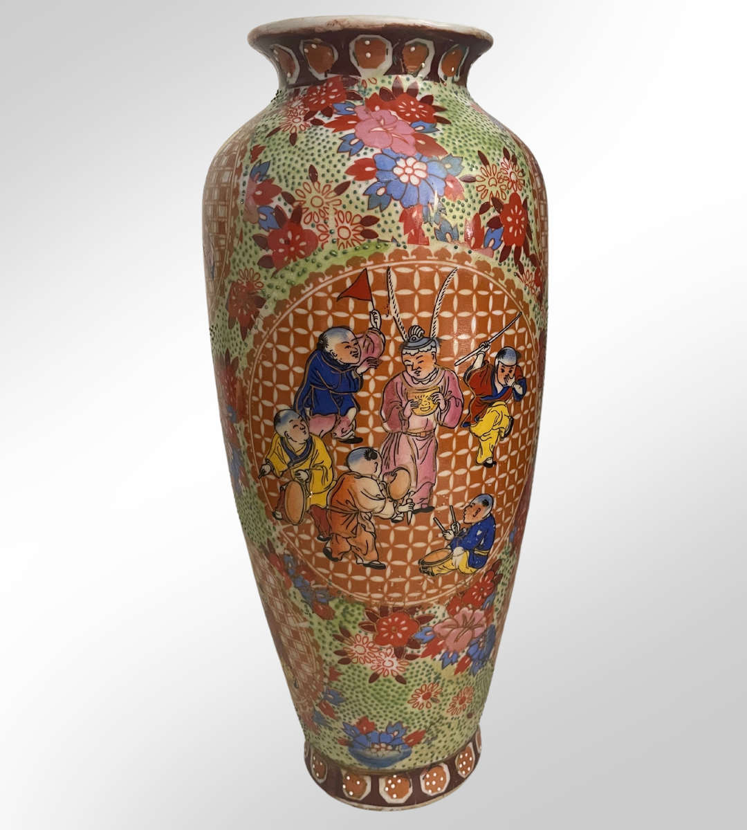 Vintage Thickly Potted Satsuma Export Vase  30cm  Rose Medallion Villagers in Sport Scenes, Raise