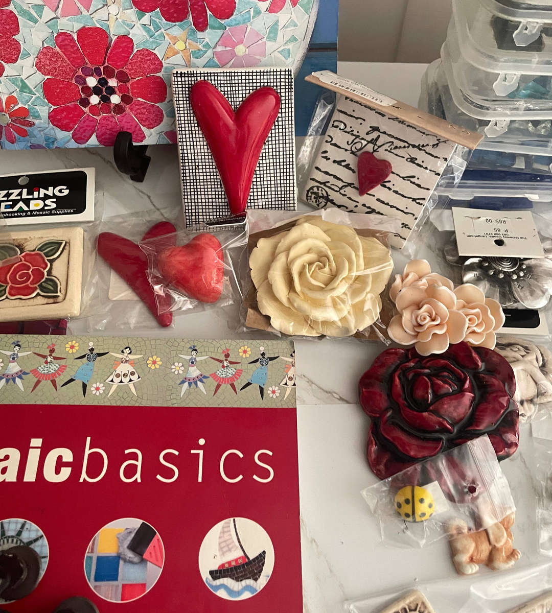 Reserved For Nadine: Lot of Over 12.7kg 70 Mosaic Squares with 12 Holders + Tools & 4 Mosaic Books