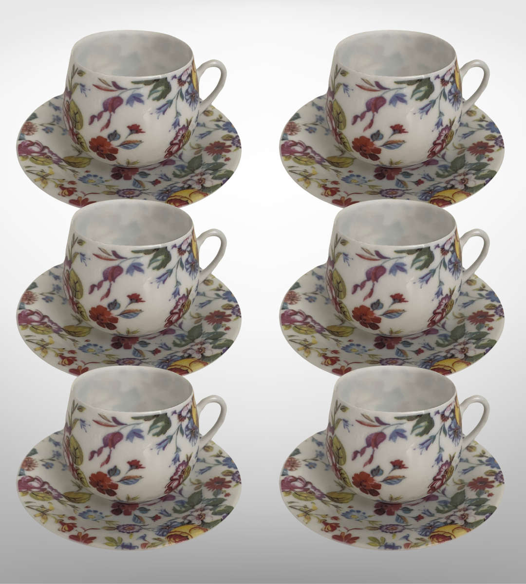 Delicate Multicolor Floral New Bone China Espresso Cup & Saucer Set  12 Piece, Eggshell-Style Thinn