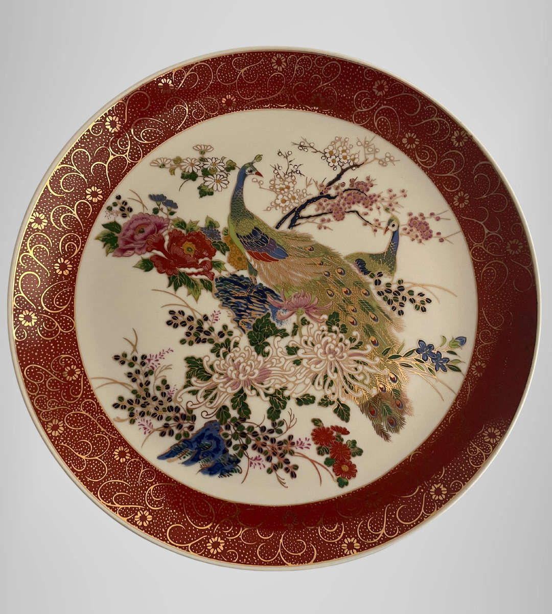 Vintage Japanese Satsuma-Style Gold Foil Porcelain Display Set  Peacock & Floral  2 Plates + Vase
