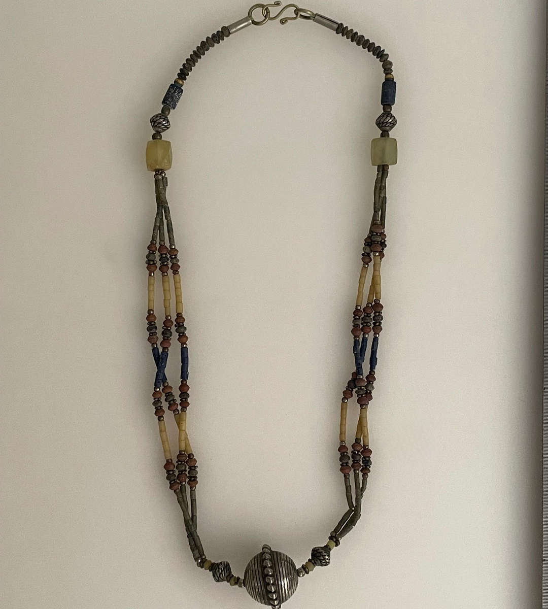 Rustic Tribal Ethnic Multi-Strand Beaded Necklace with Hand-Faceted Stone Beads and Large Metal Cent