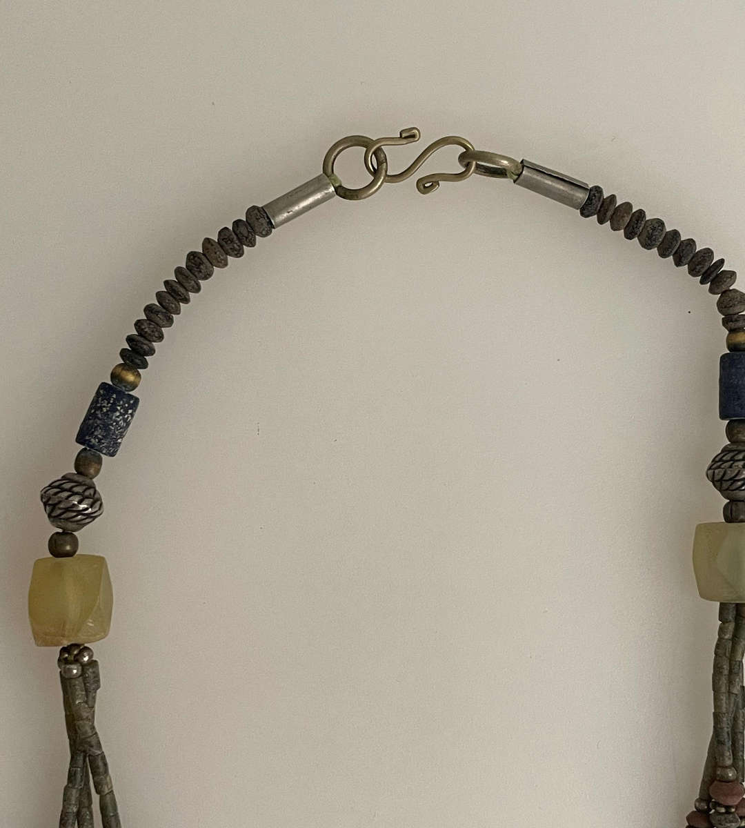 Rustic Tribal Ethnic Multi-Strand Beaded Necklace with Hand-Faceted Stone Beads and Large Metal Cent