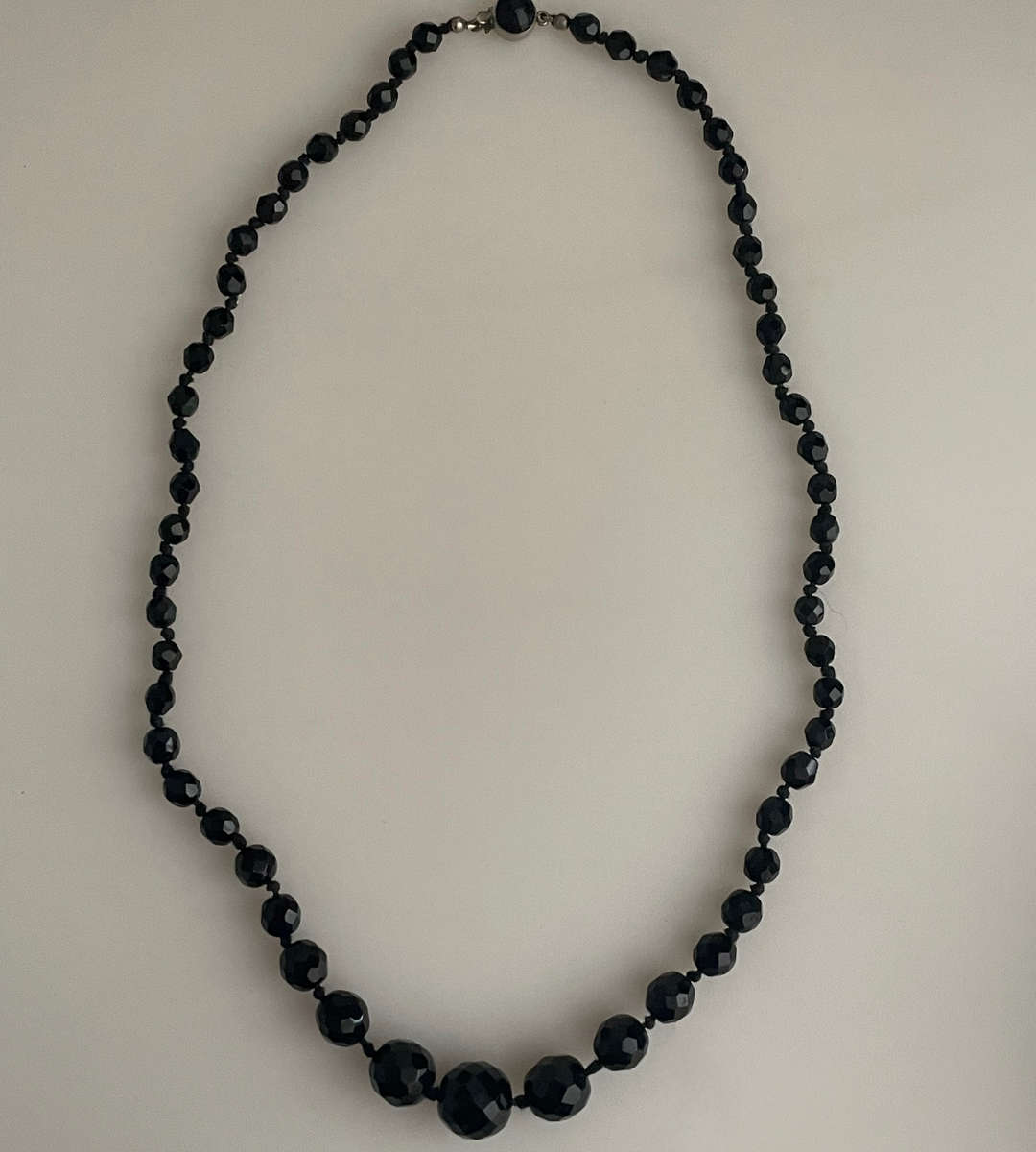 Vintage Austrian Black Onyx Glass Faceted Graduated Bead Necklace