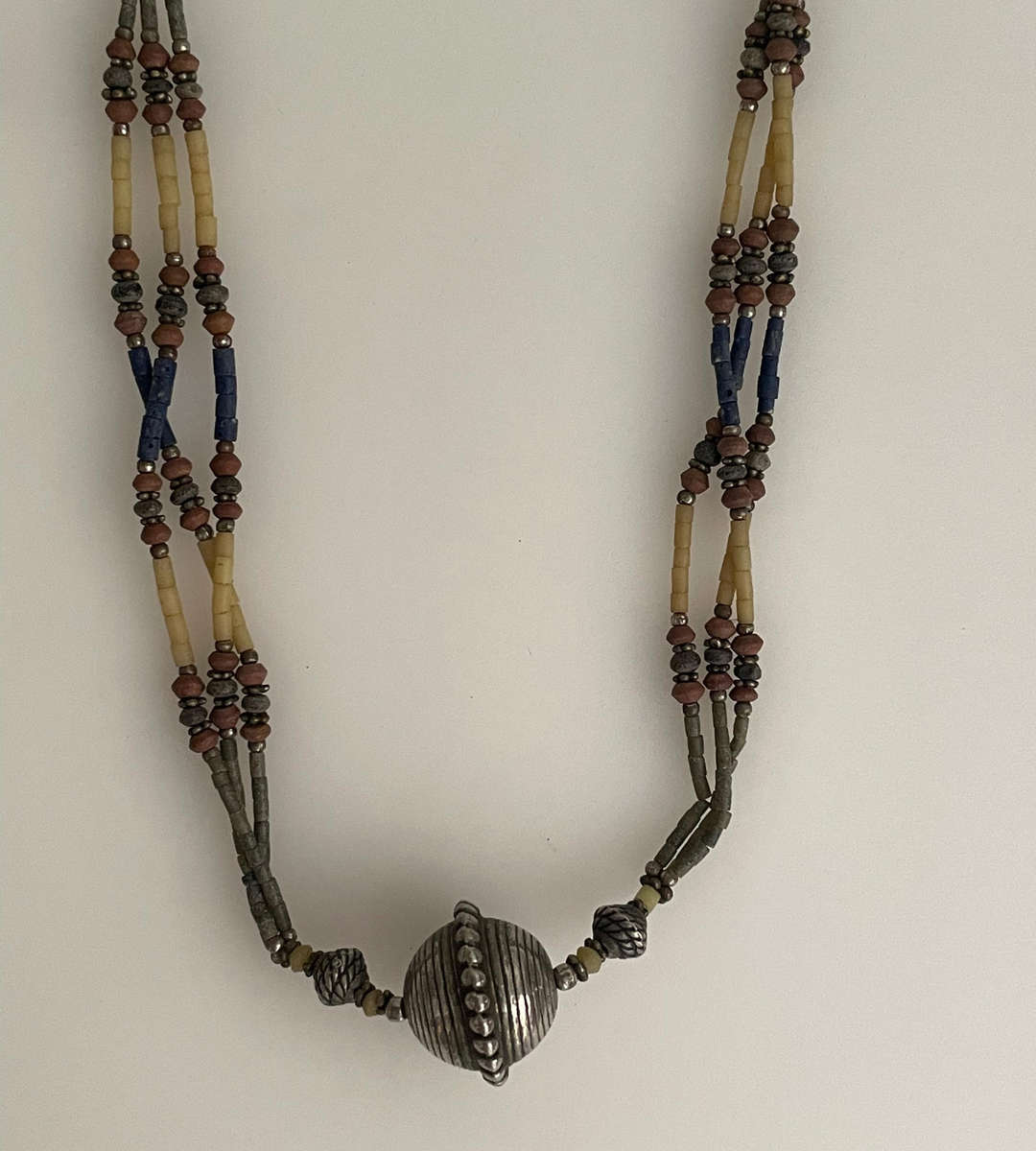 Rustic Tribal Ethnic Multi-Strand Beaded Necklace with Hand-Faceted Stone Beads and Large Metal Cent