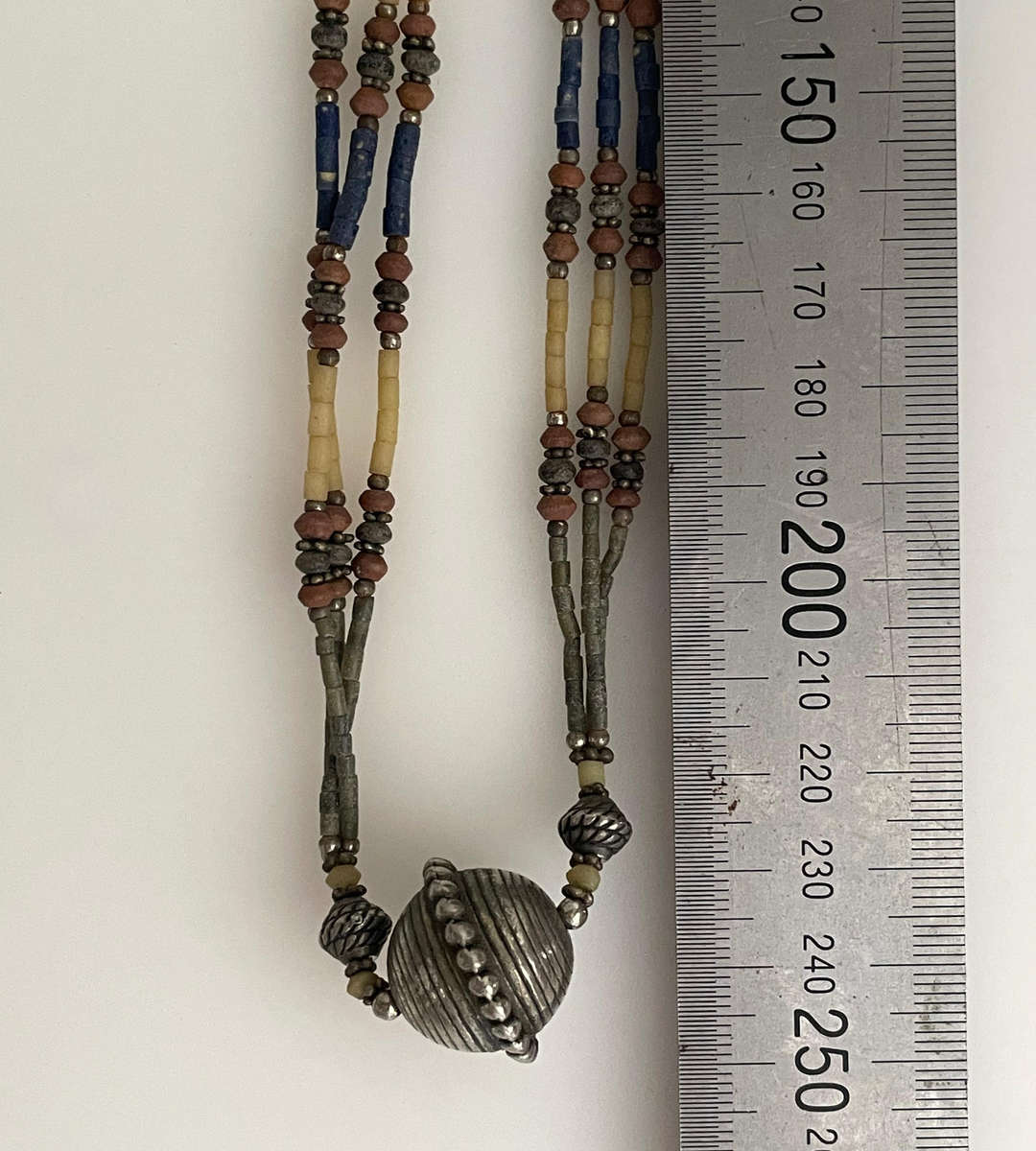 Rustic Tribal Ethnic Multi-Strand Beaded Necklace with Hand-Faceted Stone Beads and Large Metal Cent