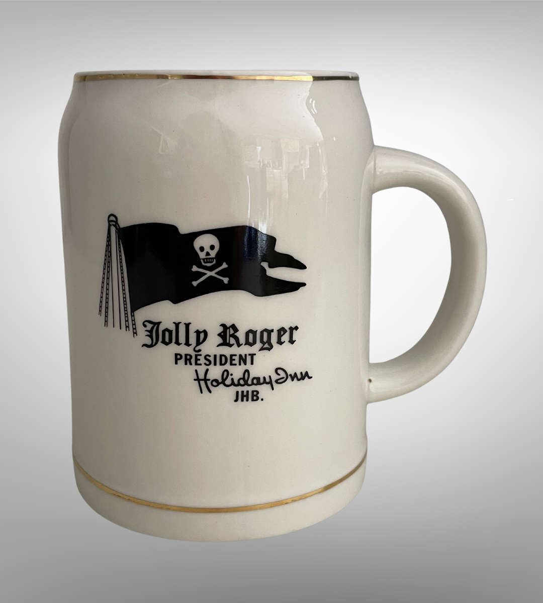 Vintage Continental China South Africa Ceramic Beer Mug  Jolly Roger Pirate Skull, Gold Trim, 500ml