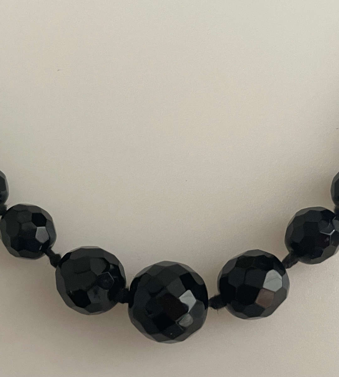 Vintage Austrian Black Onyx Glass Faceted Graduated Bead Necklace