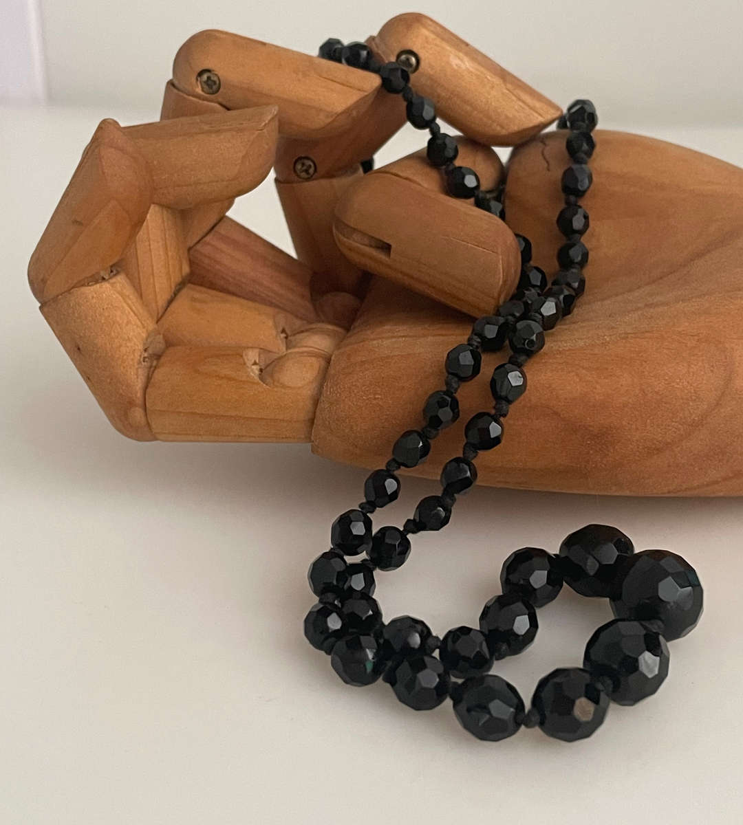 Vintage Austrian Black Onyx Glass Faceted Graduated Bead Necklace