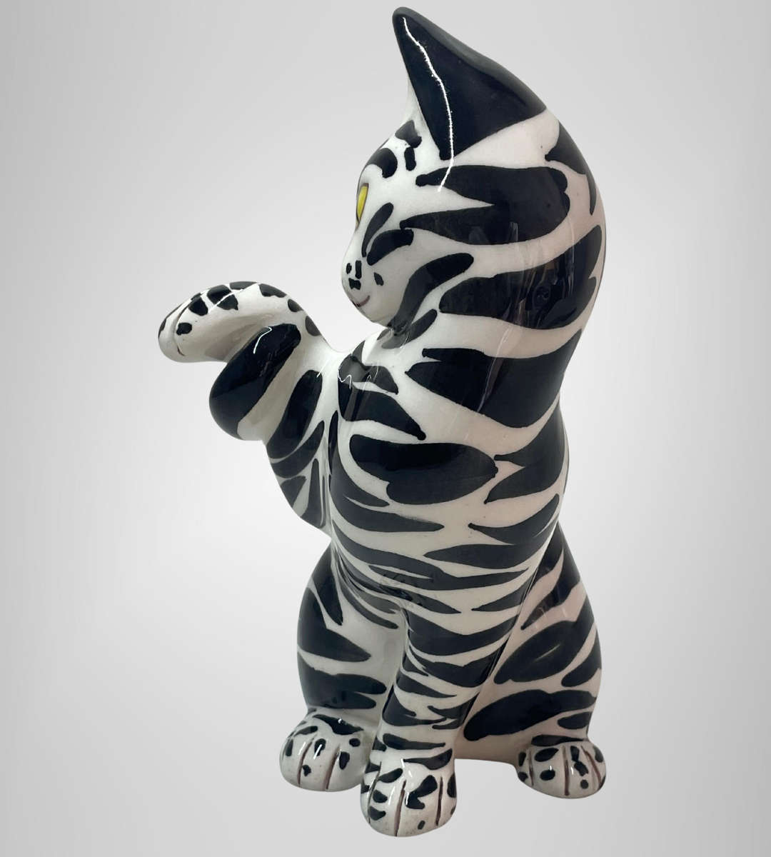 Vintage Italian Pottery Black & White Tabby Cat Figurine  Hand Painted  20.5cm  Marked Italy 5/53