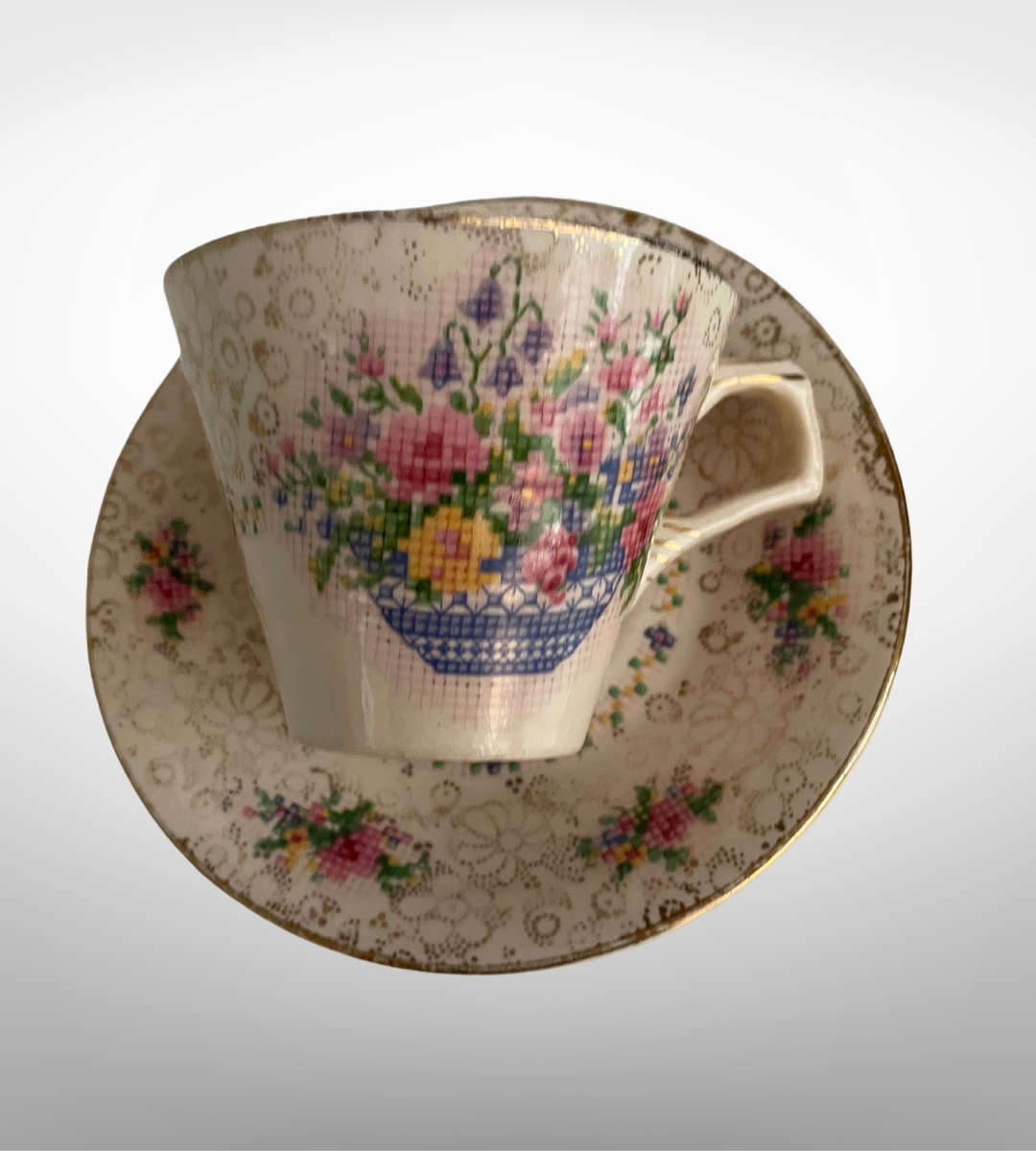 8-Piece Vintage Petit Point & Cross-Stitch Vanity Décor Set with H&K Tunstall Cup & Saucer