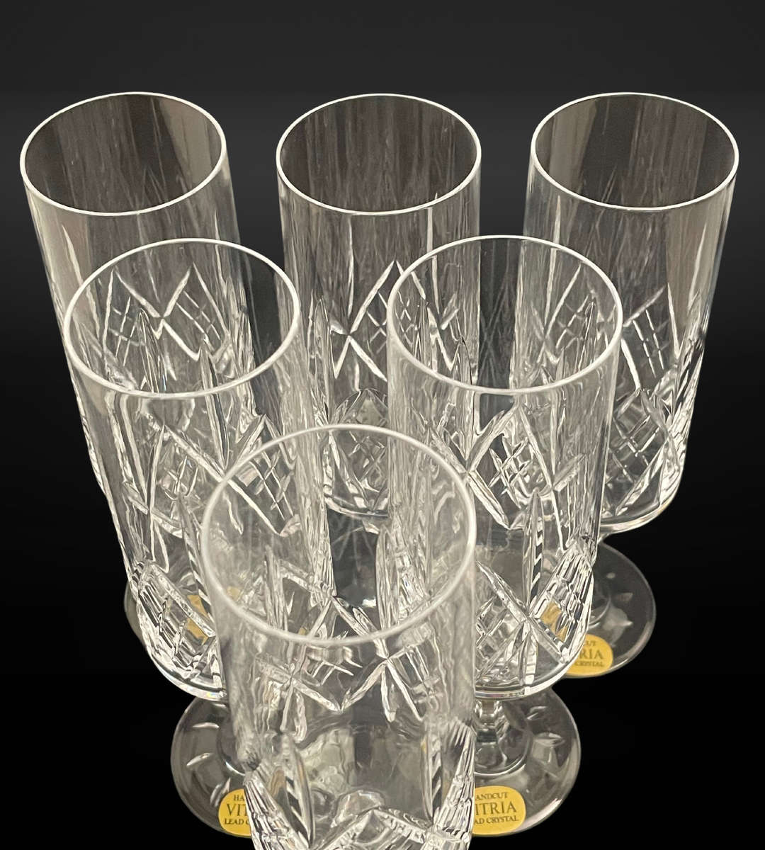Set of 6 Vintage Vitria Handcut Lead Crystal Champagne Flutes  Elegant 17cm High Glasses
