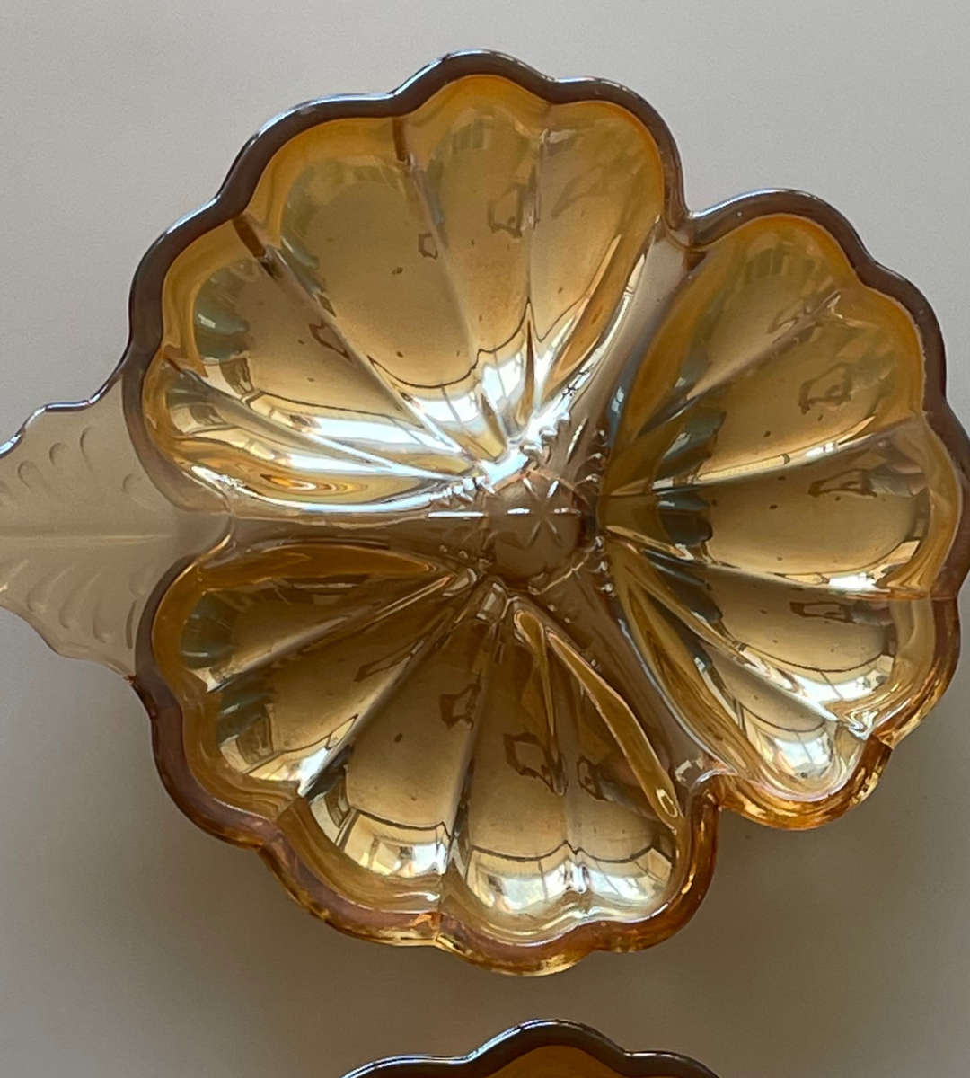 Pair of Vintage 1990s Iridescent Marigold Clover-Shaped Candy/Relish Dishes  3 Division