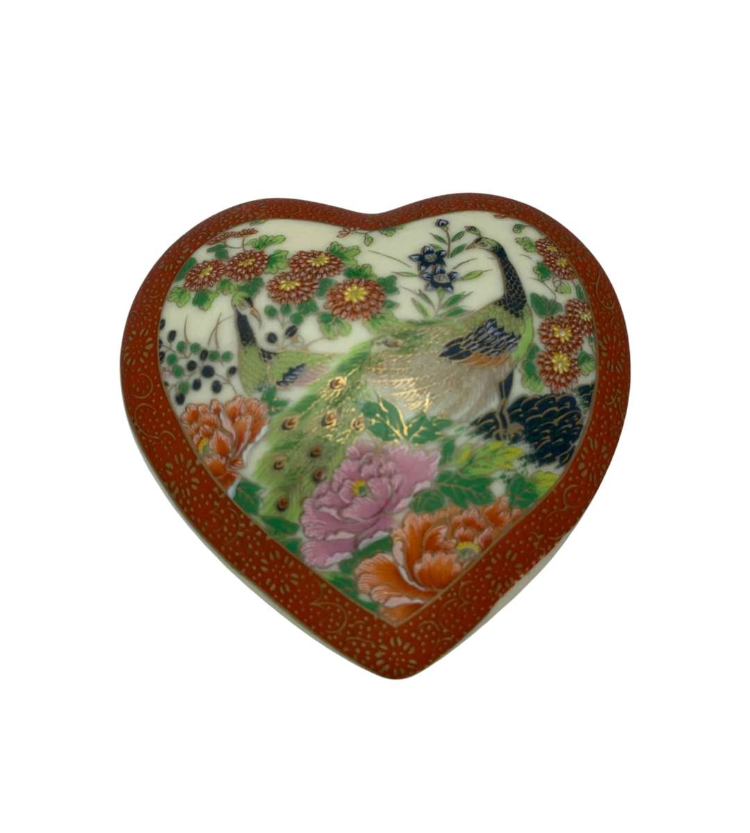 Vintage Satsuma Peacock Floral Heart-Shaped Trinket Box - Red/Green/Gold - Japanese Export