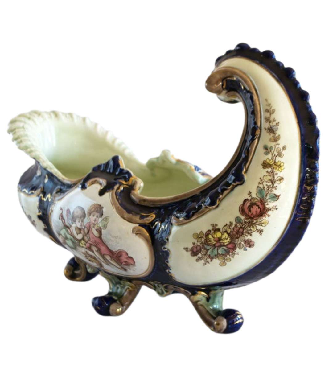 Reduced ! Rococo Majolica Jardiniere c.1934  Cobalt Blue & Turquoise Glaze, Cherubs & Swags Design