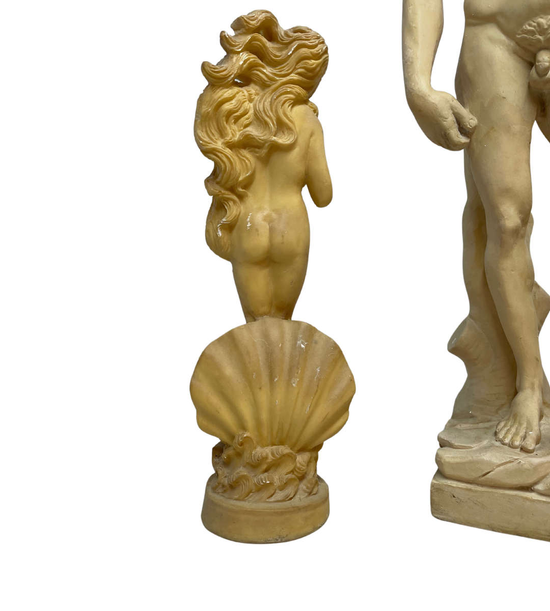 3pc Vintage Resin Sculpture Collection  Michelangelos David, Nude Goddess, and Rare Oriental Okimono