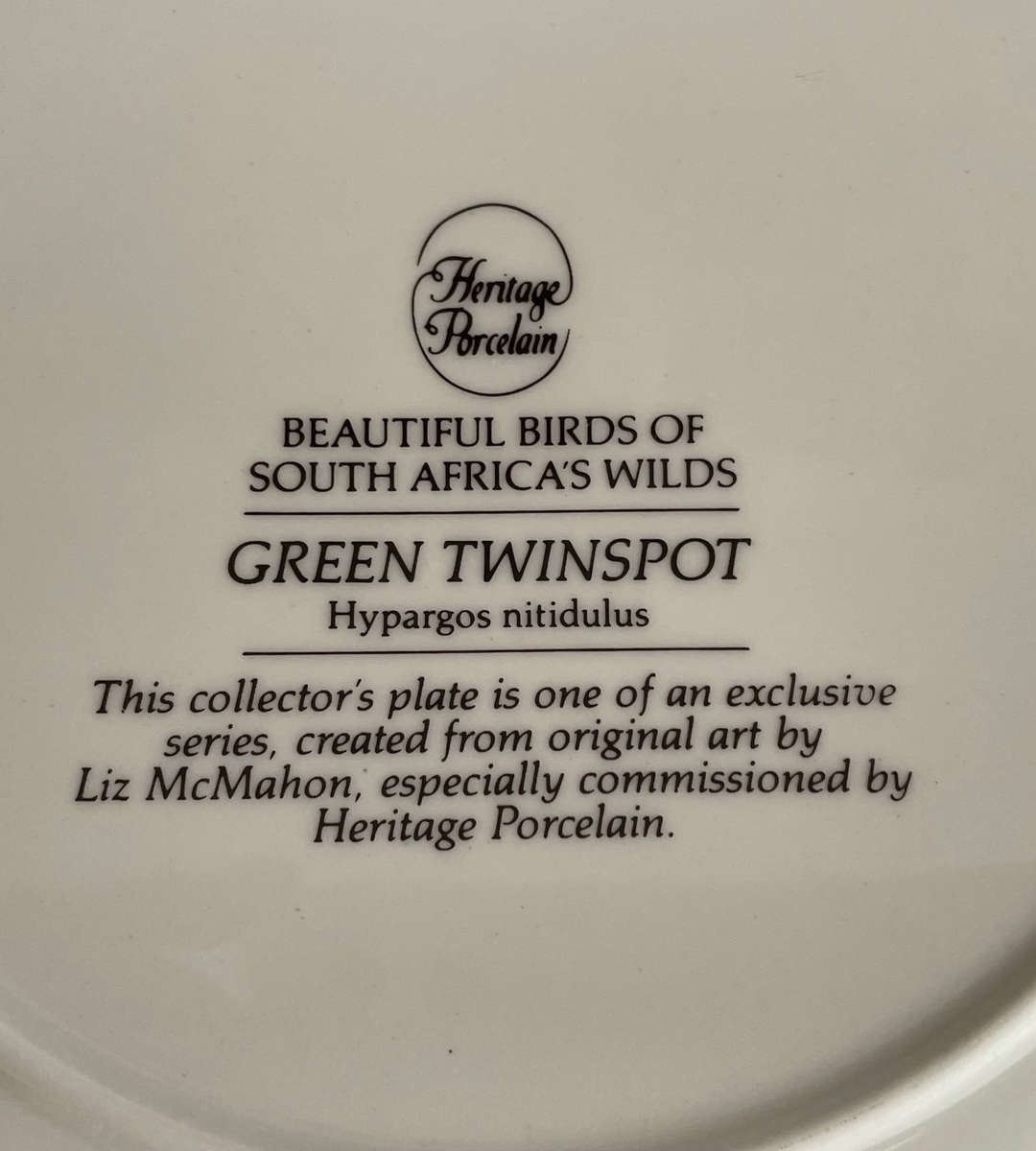 Heritage Collection "Beautiful Birds of South Africas Wilds" Plate - Green Twinspot Birds Design